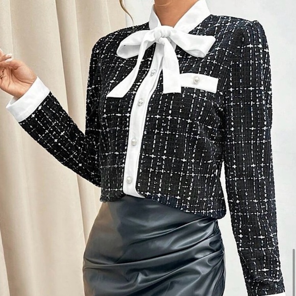New LUXE TWEED Black + White BOUTIQUE Bow Tie-Neck Pearl Button Down Shirt XL - Picture 7 of 13
